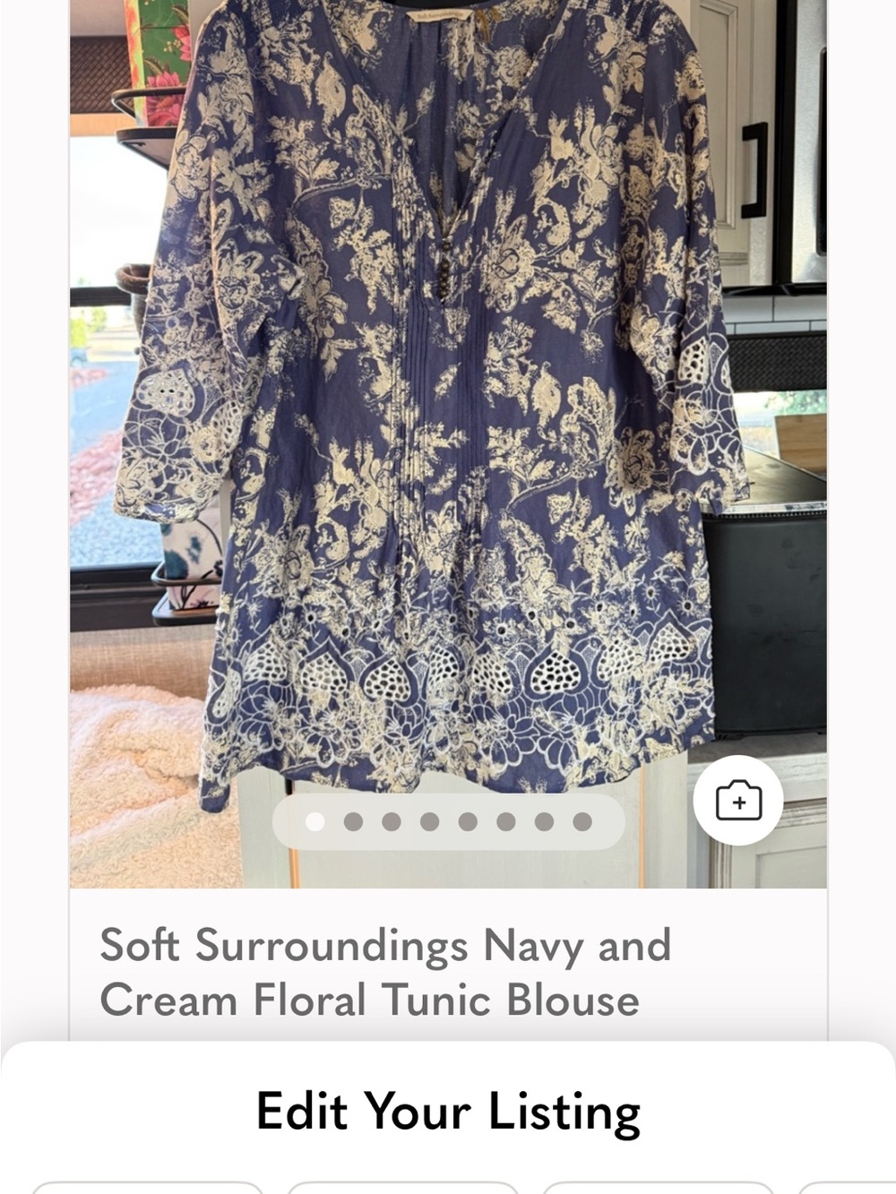 Soft Surroundings Navy and Cream Floral Tunic Blouse
